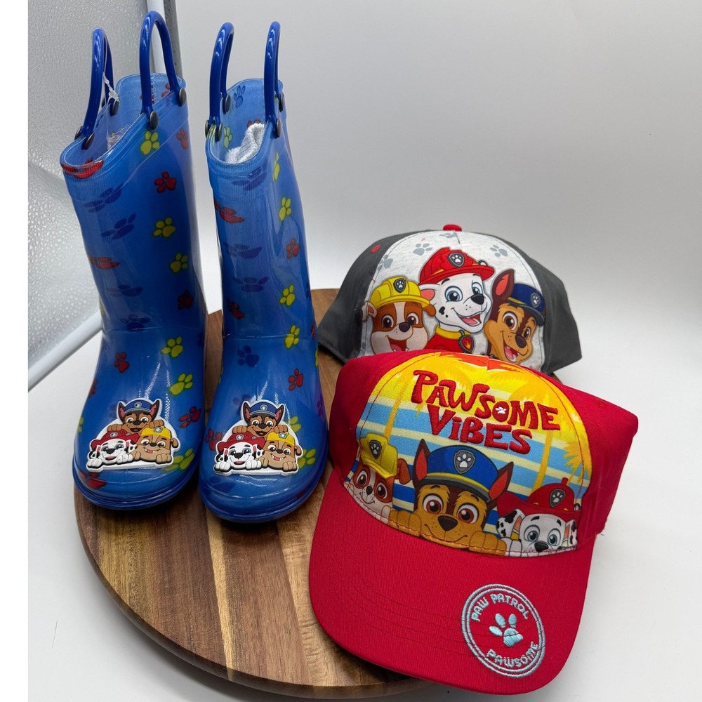 Paw Patrol Kids Rain Boots Size 10 and 2 Baseball Caps Hat Bundle   0367